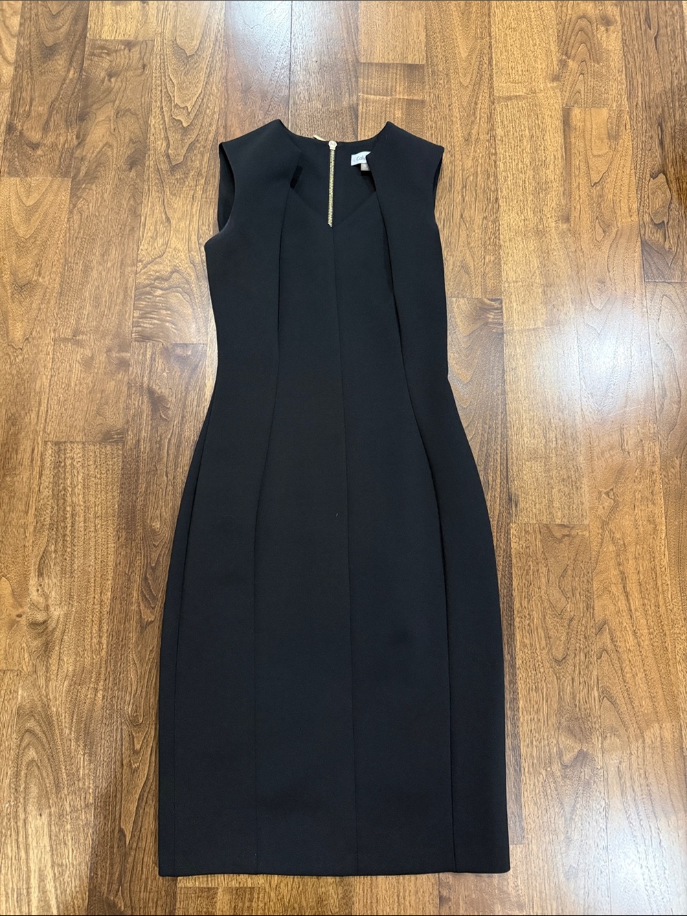 Calvin Klein Black Sleeveless Sheath Dress with Gold Zip